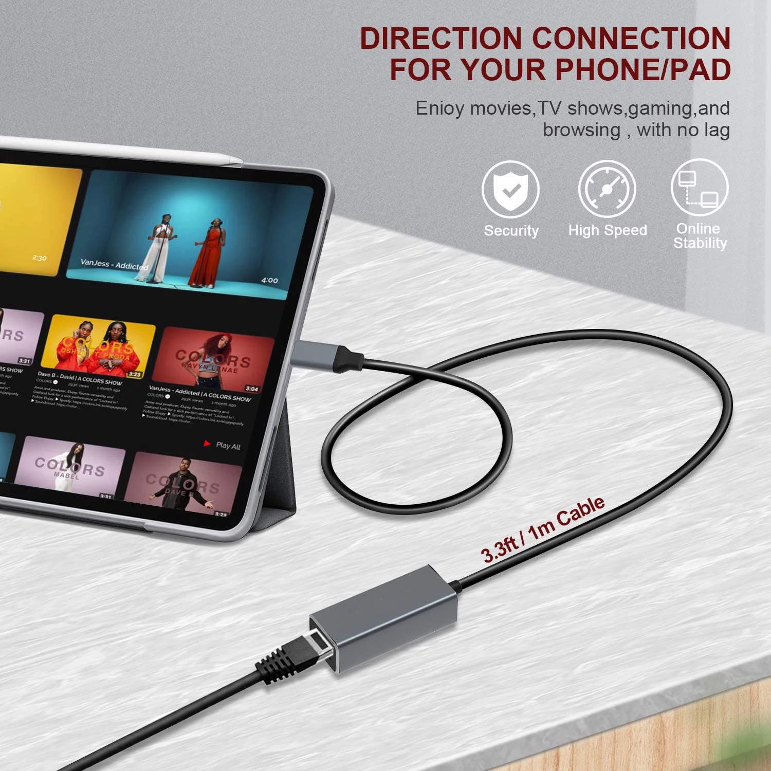 High quality RJ45 Ethernet Network Adapter high speed  3.3ft/1M  LAN Cable Ethernet LAN Adapter 10/100Mbps for Phone Pad