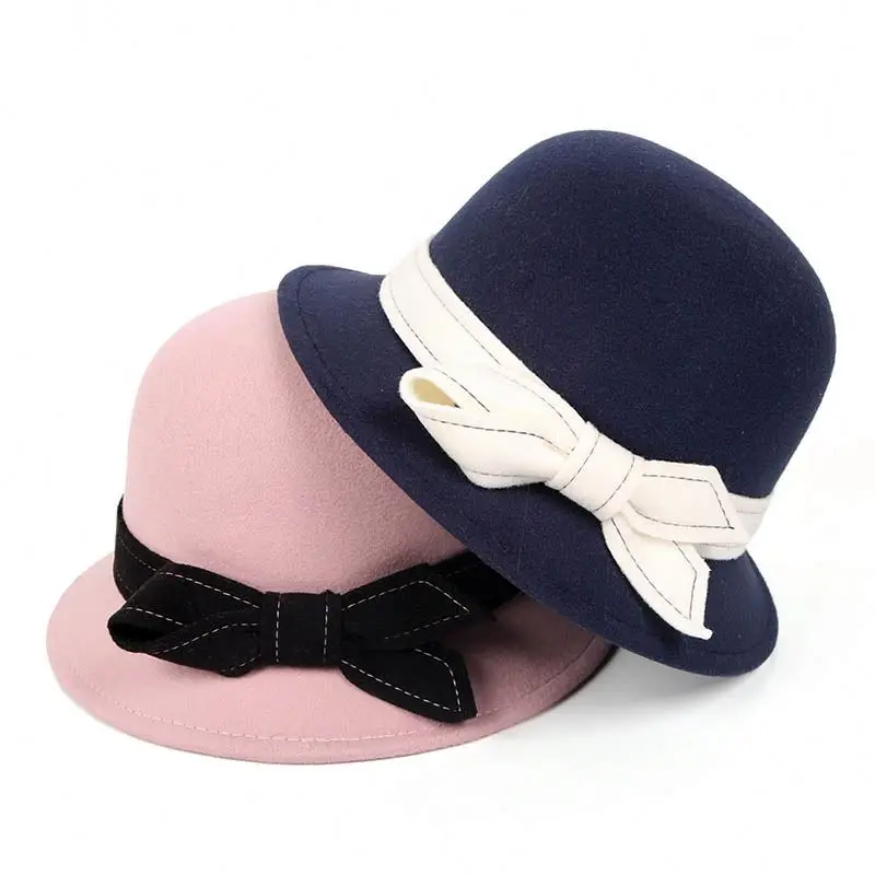 Wholesale Winter bowknot Womens Elegant Hats felt Short Brim Vintage Black Red bowler hat Women fedora hats