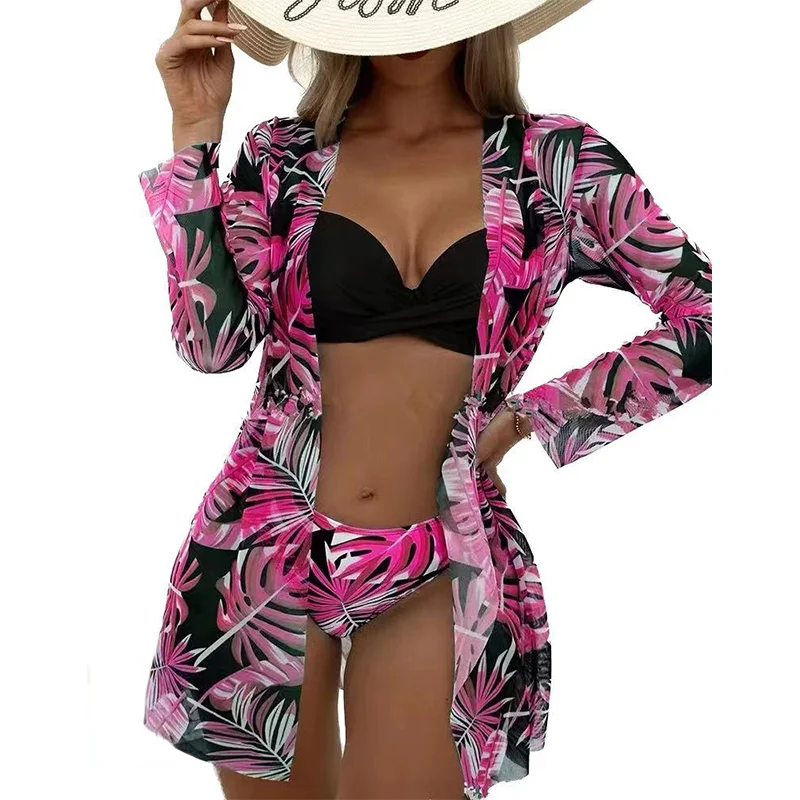 European and American three piece swimsuit bikini shawl mesh split bikini sexy backless hard wrap long sleeved swimsuit