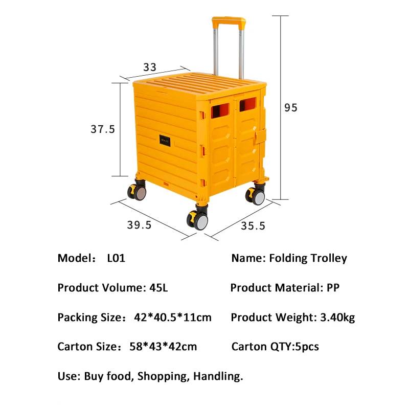 Portable 4 Wheel Supermarket Folding Plastic Luggage Foldable Shopping Hand Cart