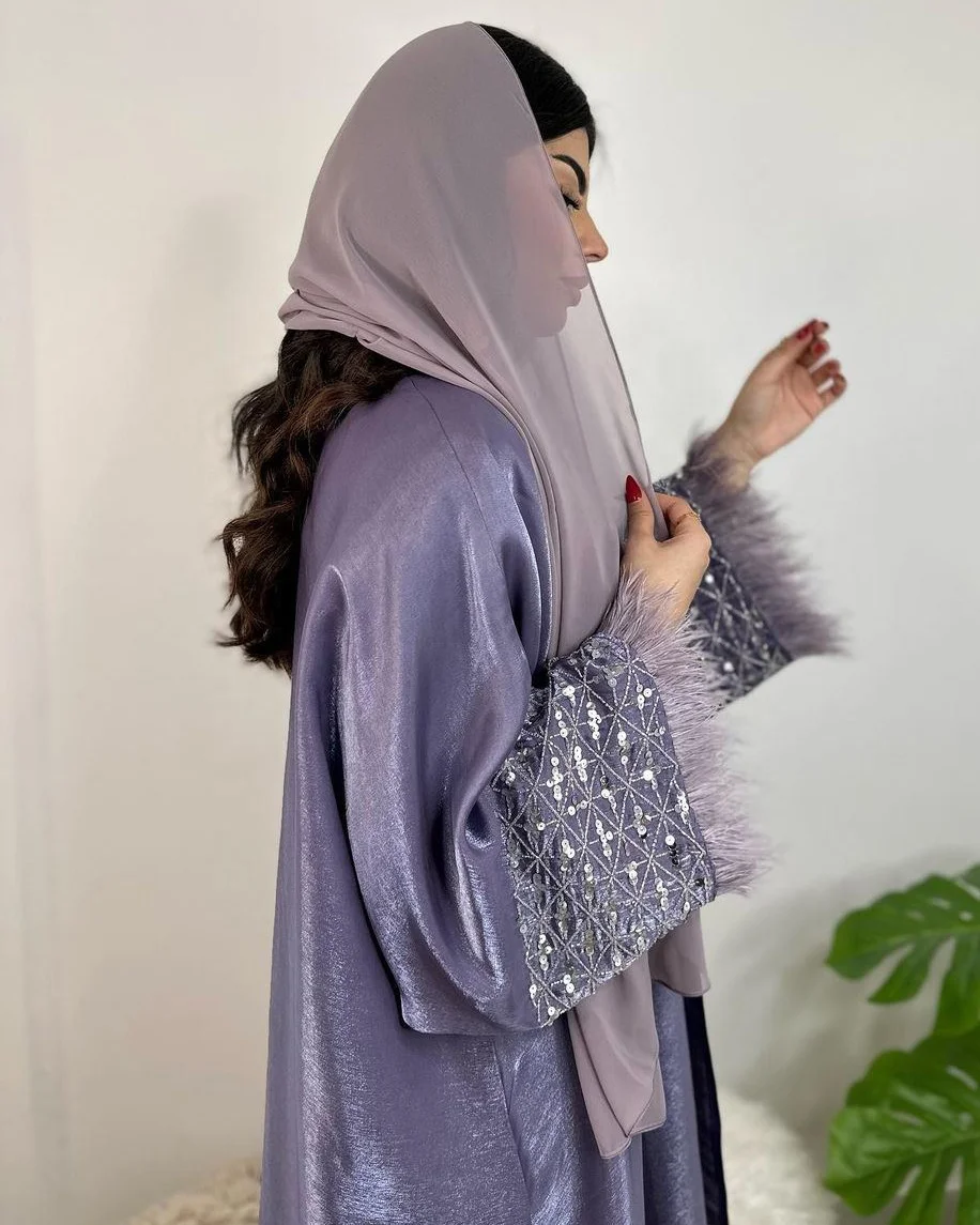 2 Piece Middle east Dubai Gulf Ramadan Shiny Luxury Embroidery Islamic Muslim Feather Abaya With Hijab