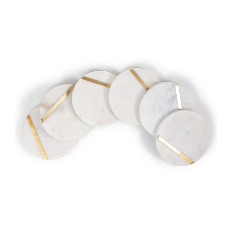 Marble Coaster 10cm  Wide Drink Coasters - White Marble Coasters with Gold Brass Inlay set of 6