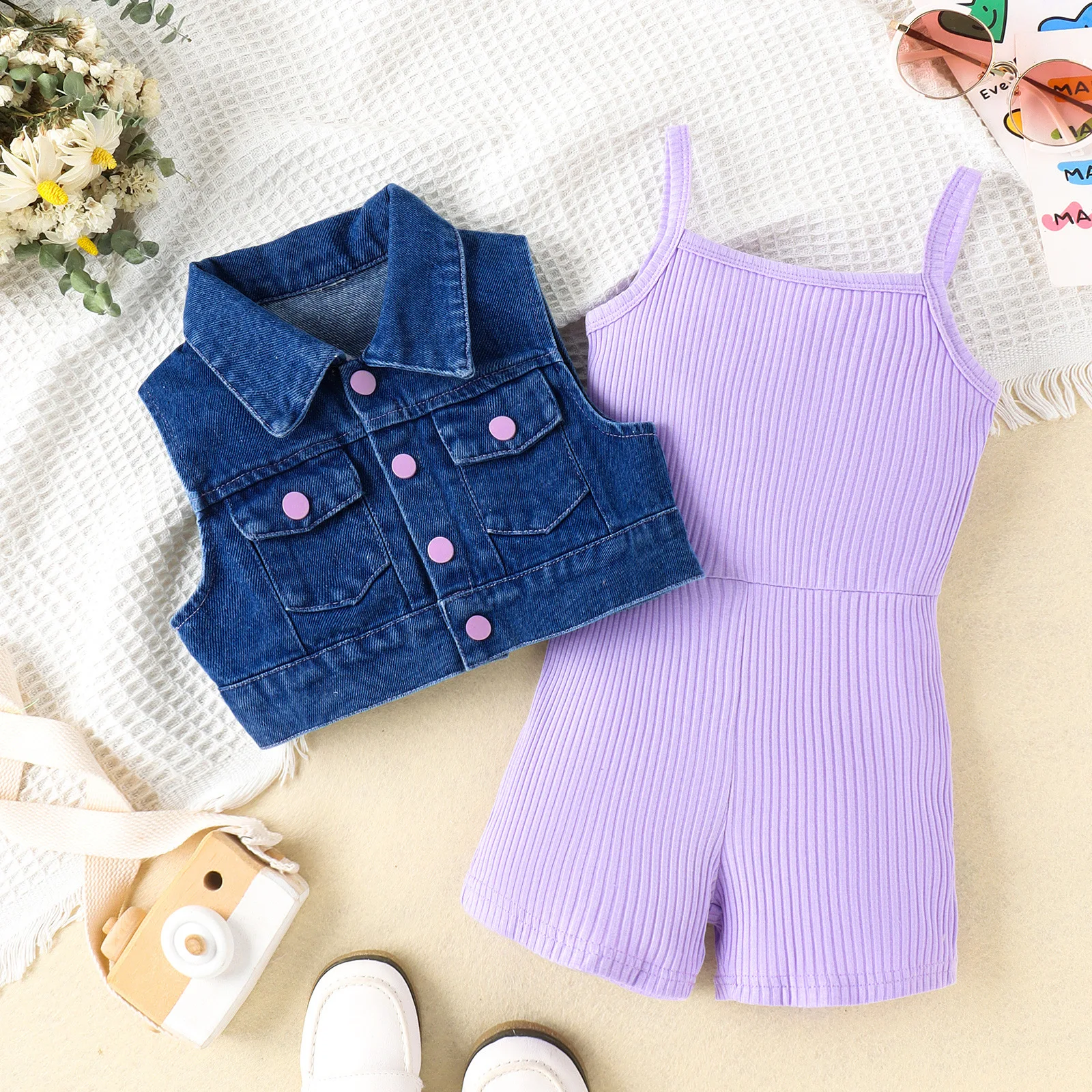 Explosive model Super Fashionable Kids girls clothing Solid color pit strip onesies + denim vests