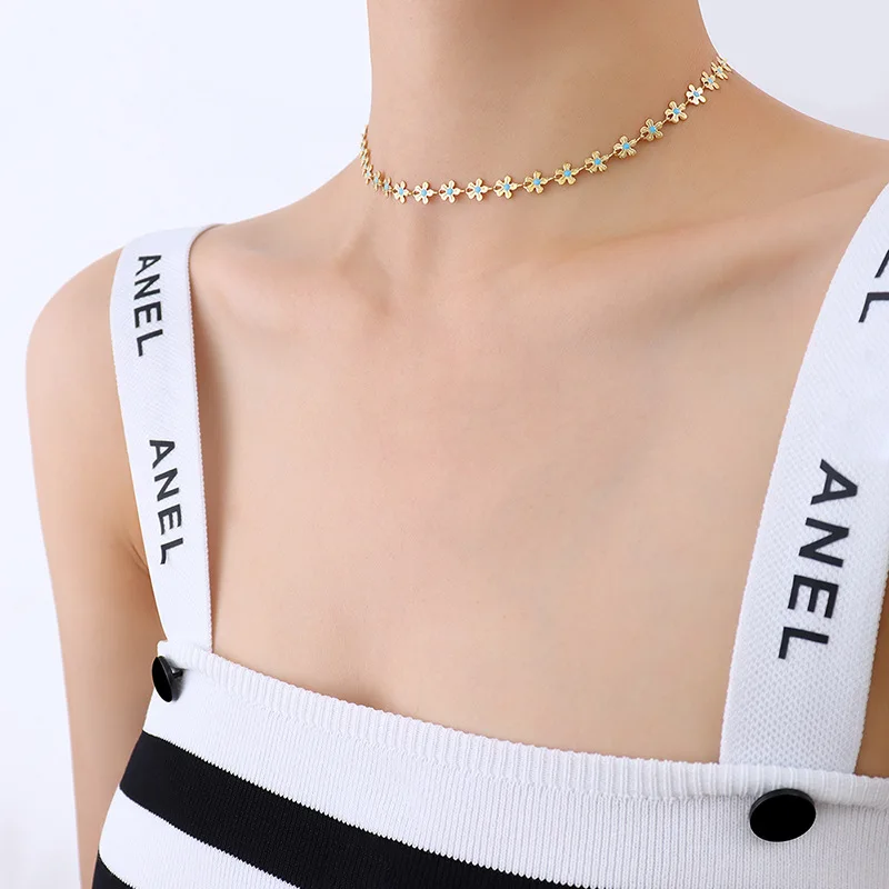 2024 Spring Fashion Jewelry Set Flower Design 18k Gold Plated Stainless Steel Enamel Necklace Bracelet Set For Women