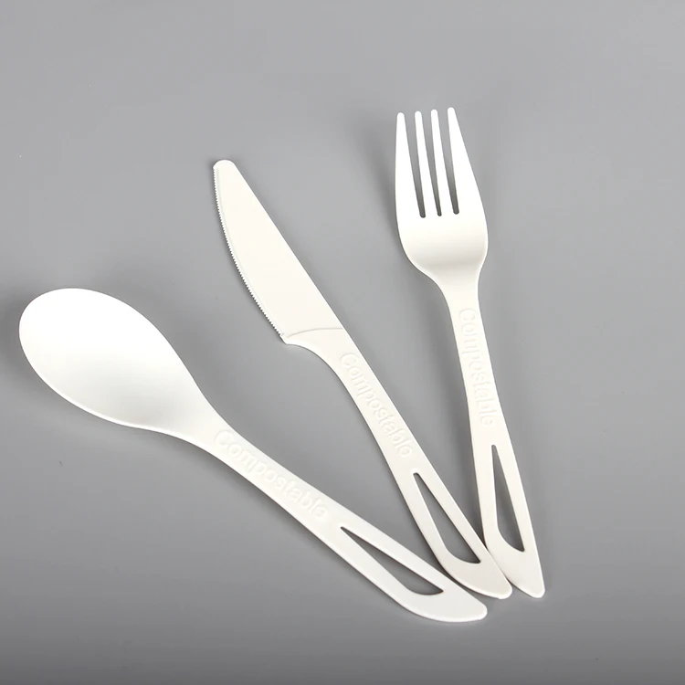 LOKYO wholesale ice cream spoon salad knife fork set white compostable PLA disposable cutlery