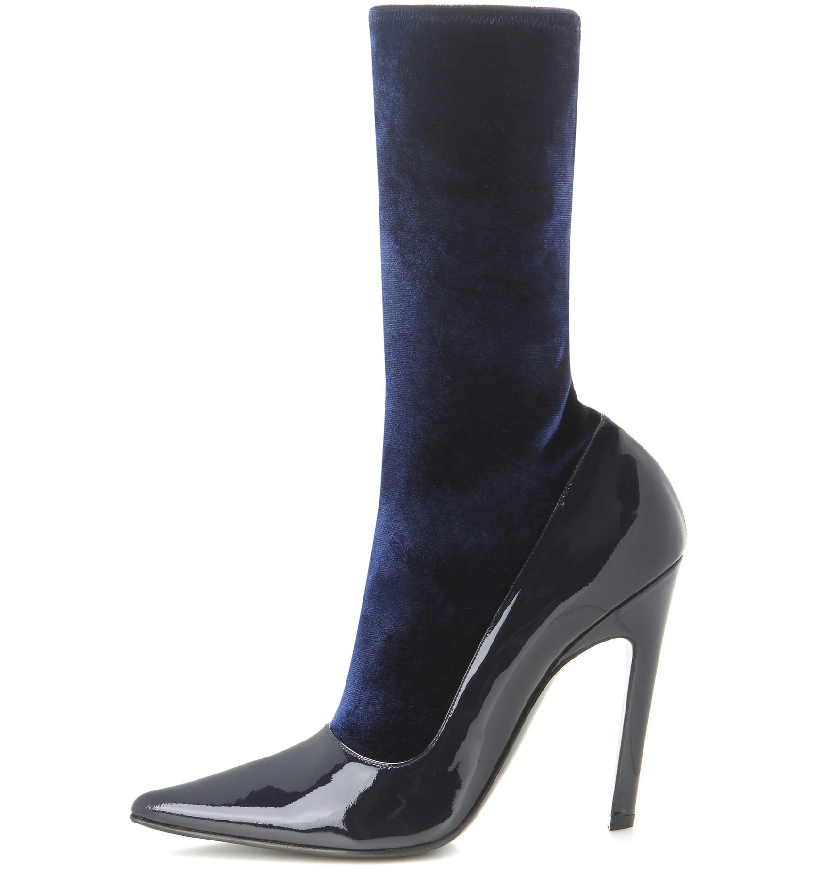 2021 new arrival women high heel boots velvet booties splice matching patent leather pointed toe pencil heel slip on ladies boot