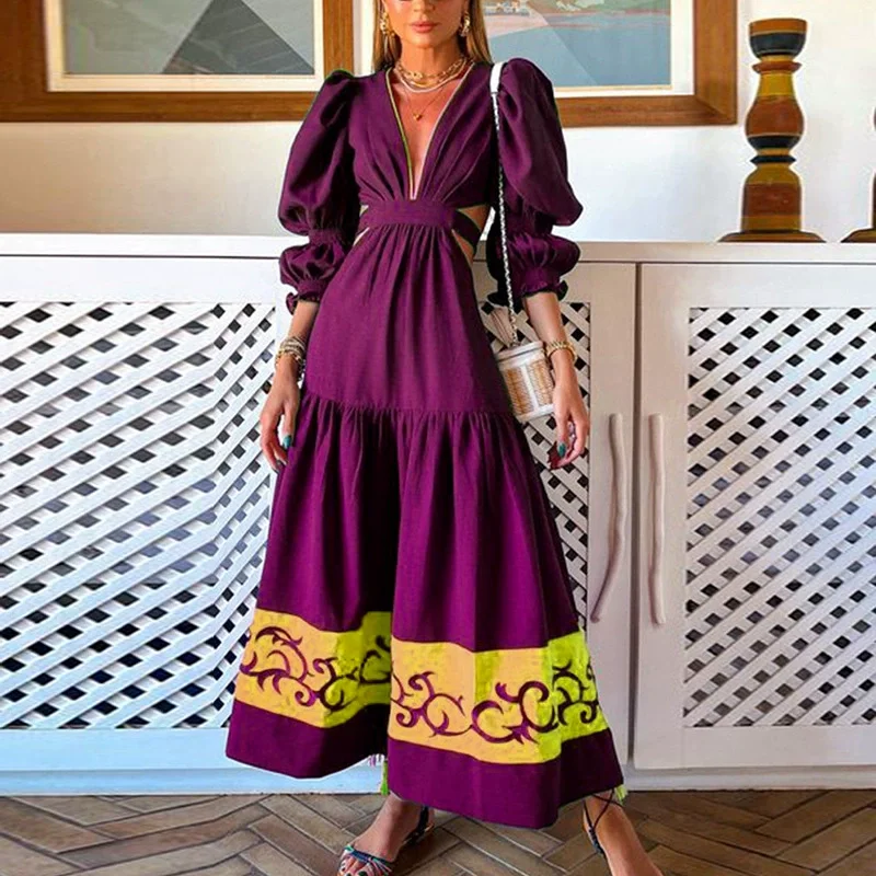 J&H 2022 new fashion hollow out maxi dress ladies designed sleeve halter boho dress summer elegance long dress