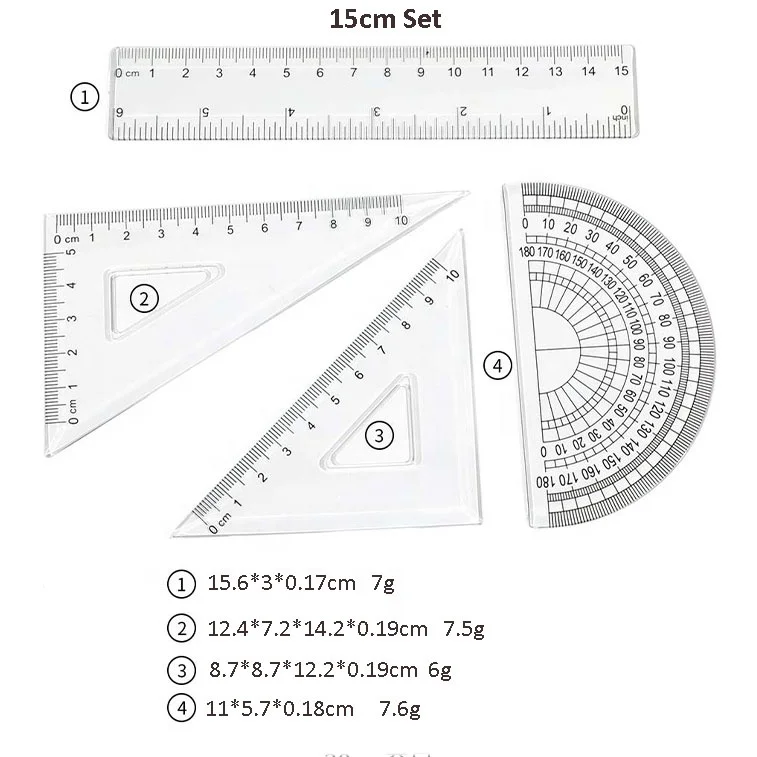 4 Pcs Plastic Clear Ruler Math Set Includes Protractor Triangle Rulers Straight Ruler for School Office Home Supplies