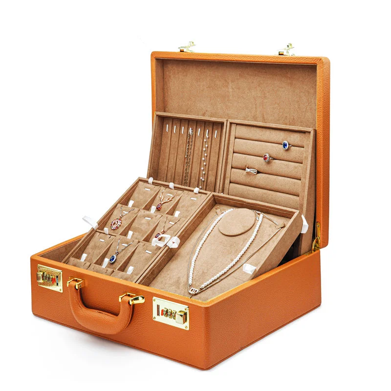 Custom Wholesale Durable Travel Coded Lock Pu Jewelry travel Case Leather Jewellery Storage Suitcase With Tray