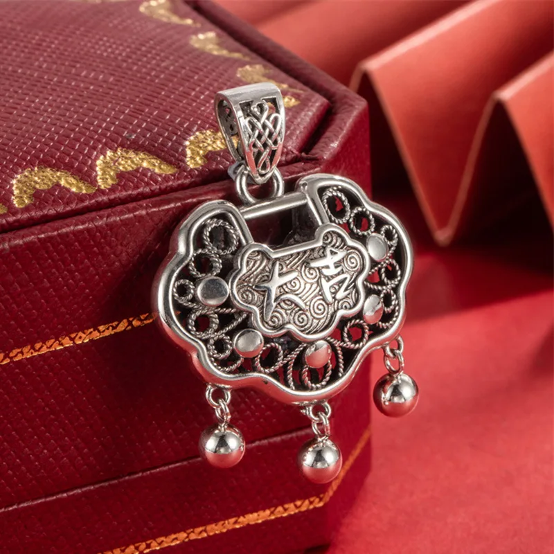 Chinese style S999 silver silver safe lock sterling silver pendant New Chinese ancient silk long life lock single pendant