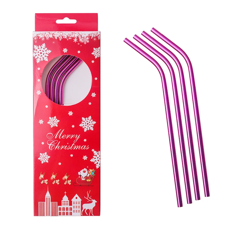 Лидер продаж 2021, Рождественская Подарочная коробка, экологически чистый многоразовый цвет, пищевой класс 304, набор металлических соломинок из нержавеющей стали с коробкой