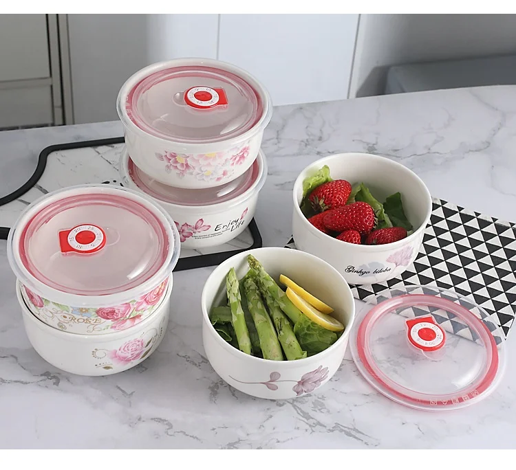 wholesale ceramic fresh-keeping bowl with cover threepiece set of instant noodles bowllunch box sealed bowlarge fresh-keeping