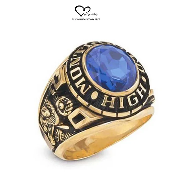 Cheap price wholesale custom made high school college ring  with blue gemstone