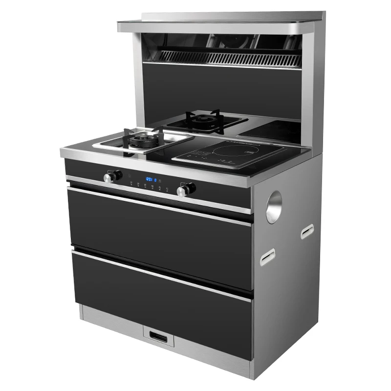 Home Kitchen 3 in 1 Integrated Stove with heating cabinet and Downdraft suction range hood