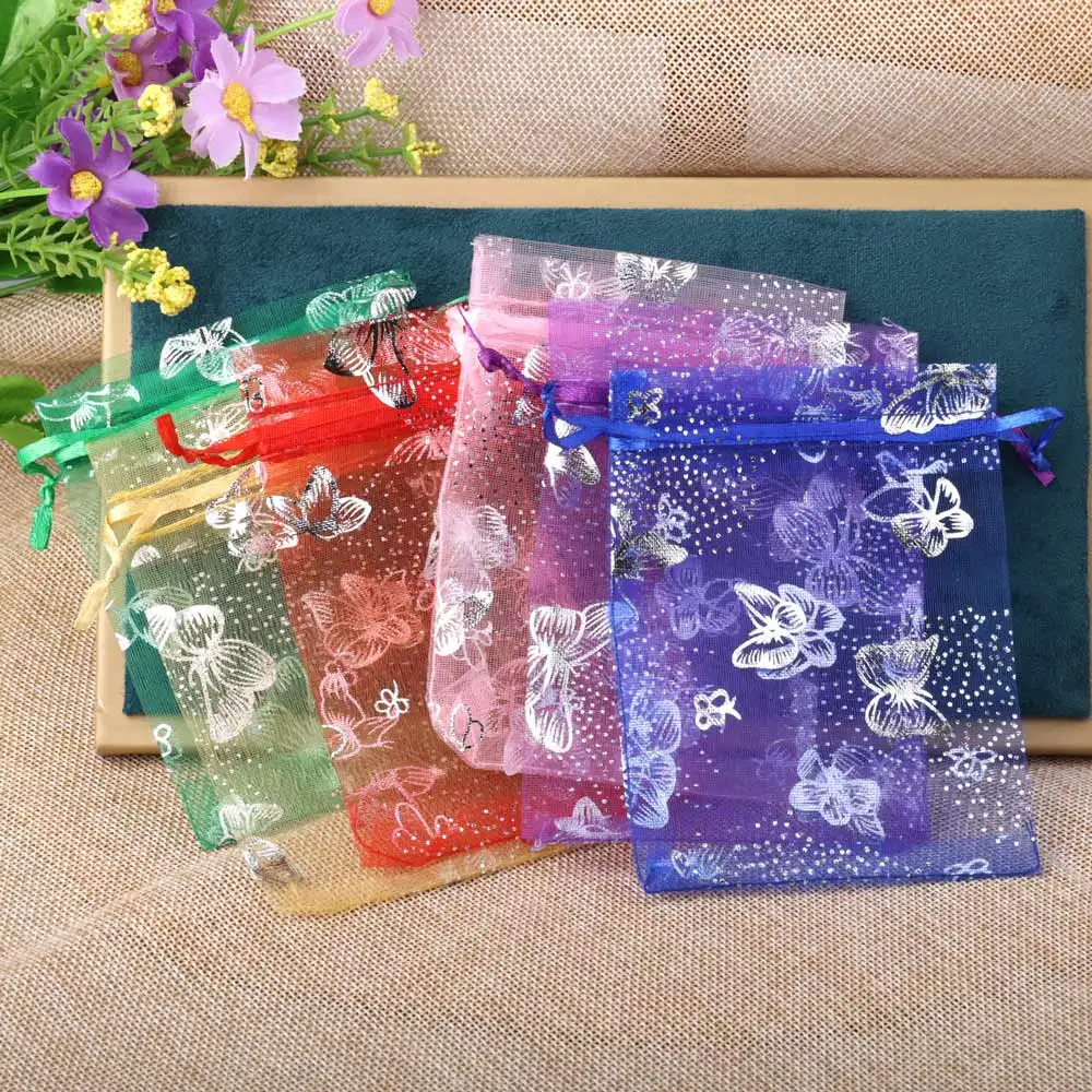 7x9cm Drawstring Silver Butterfly Organza Bag for Jewelry