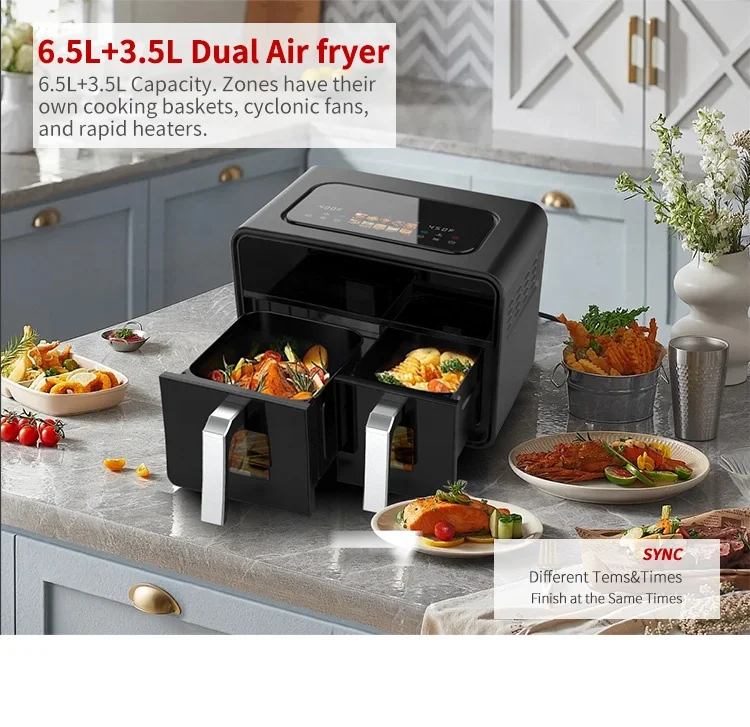 Factory price 10L 2400W Dual Air Fryer Oil Free Color Display Electric visible Double Door Smart Kitchen Appliances