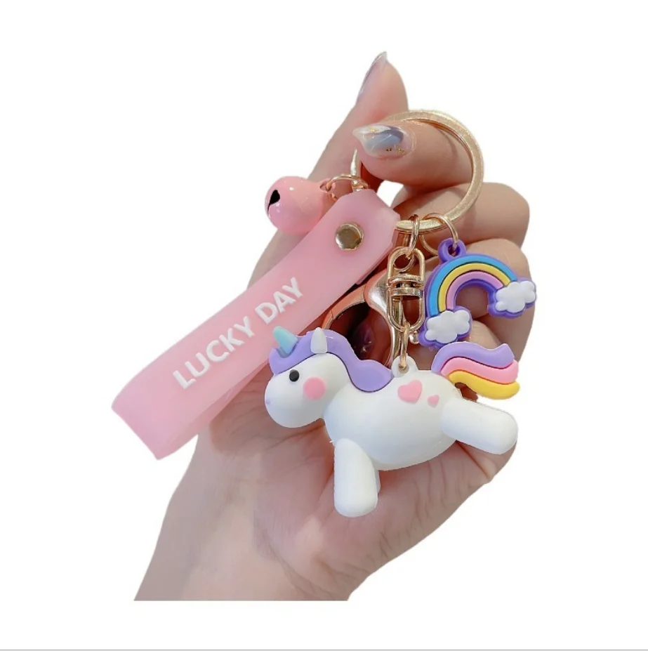 Cartoon Doll Unicorn PVC Keychains with Rainbow 3D Little Horse Keyrings Bag Pendant Key Chain