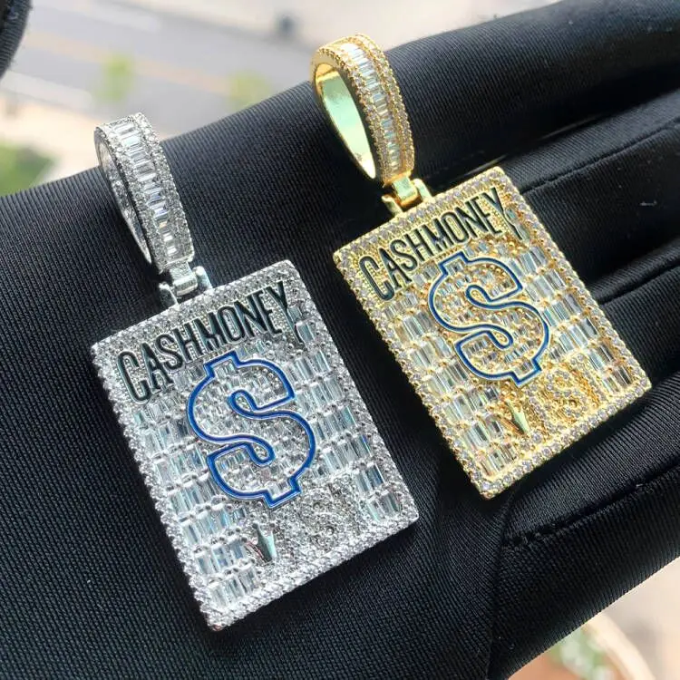 Hip Hop Jewelry Micro Pave 5A Geometric Rectangle CZ Cash Money Dollar Pendant With Rope Chain Necklace For Men Boy
