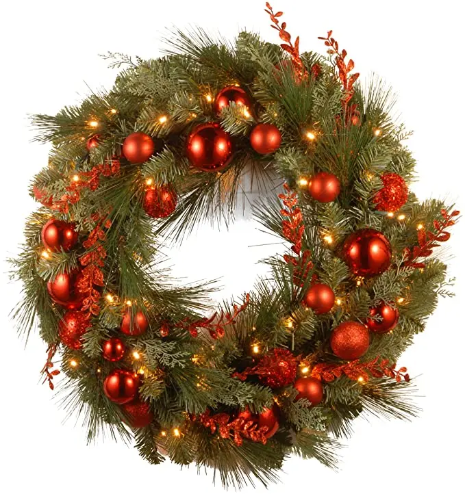 Artificial Pre-lit Christmas Wreath Decorative Collection Flocked with Mixed Decorations and LED Lights