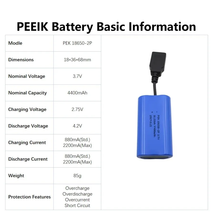 18650-2P PEEIK 4400mAh3.7V 16.28Wh Short Circuit Protection Temperature Control Smart Door Locks RC Planes Battery Manufacturers