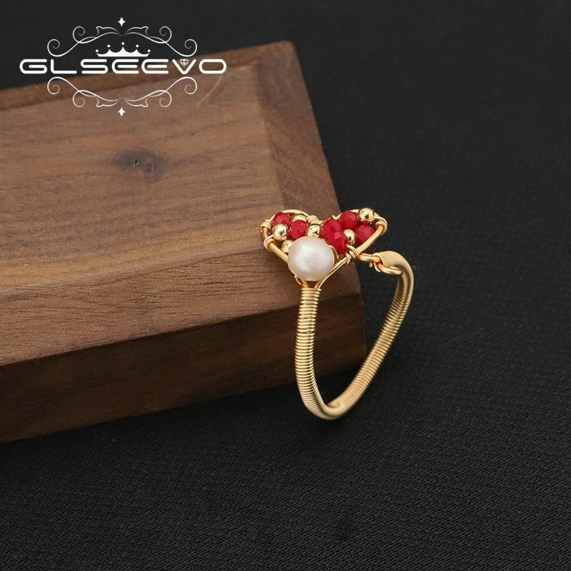 Natural Freshwater Pearl Love Adjustable Red Glass Ring   Wire Wrapped  Gifts for Girlfriend Couple Gold Plated Ring Jewelry