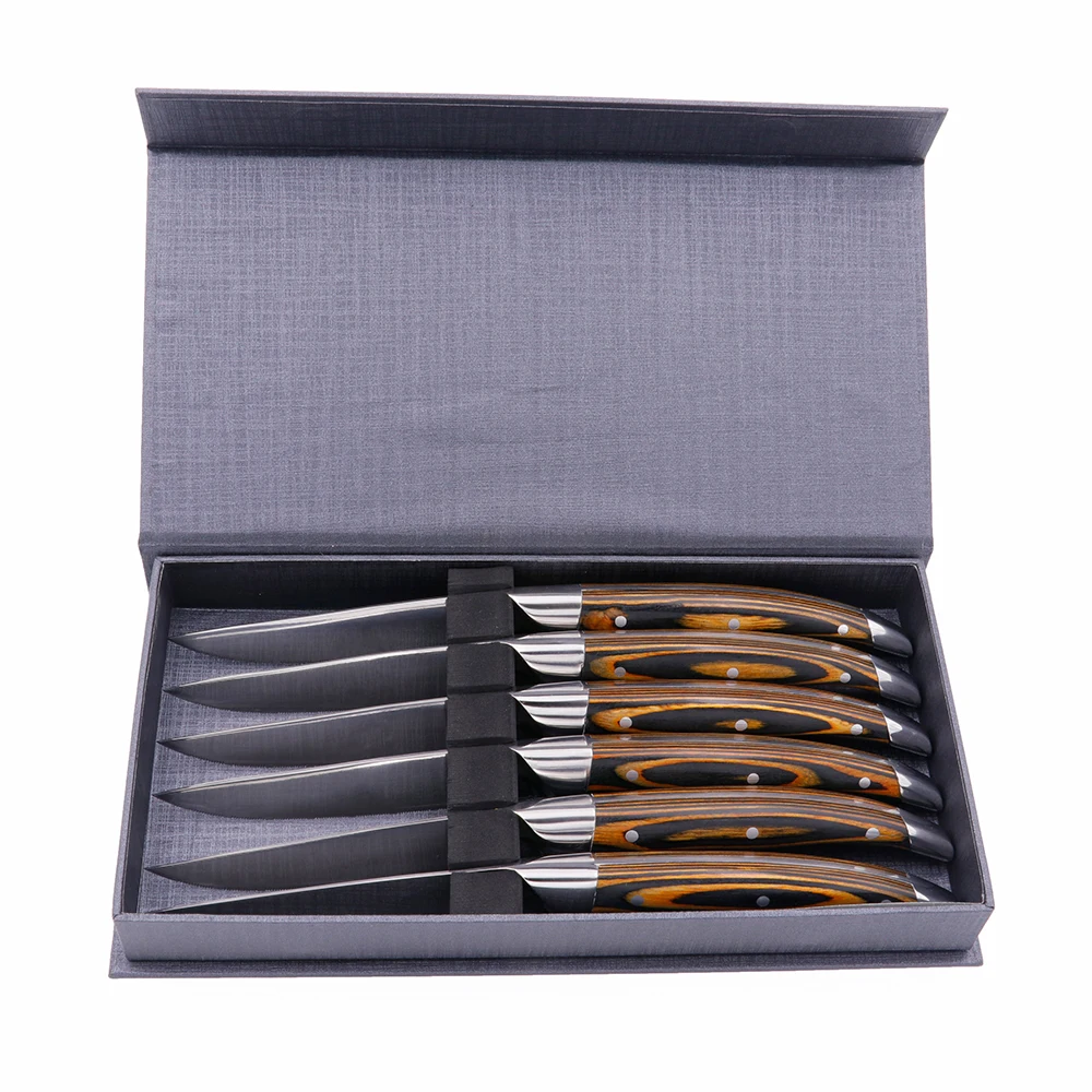 High Grade Pakka Wood Handle Double Forged Stainless Steel Steak Knife with Micro Serration
