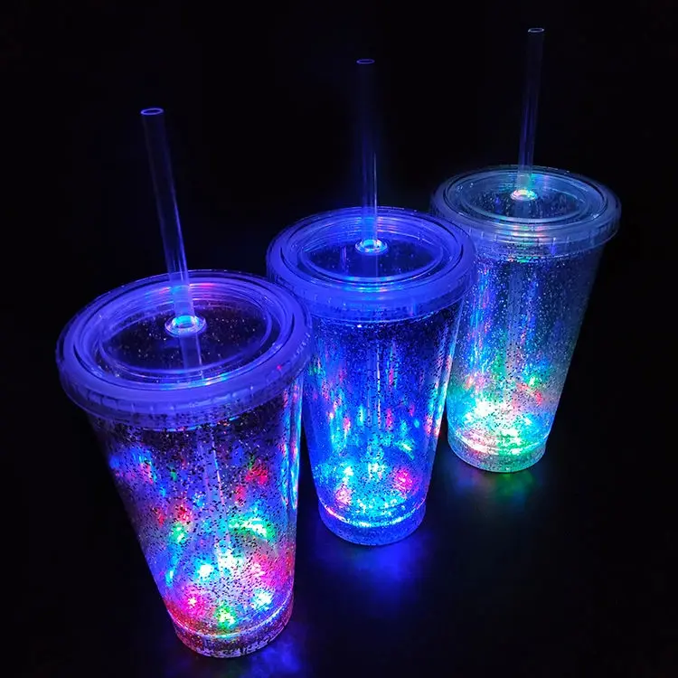Light Up Clear Plastic Tumbler Glowing Cups  Double wall Plastic Water Cup with Straw for Night and Party