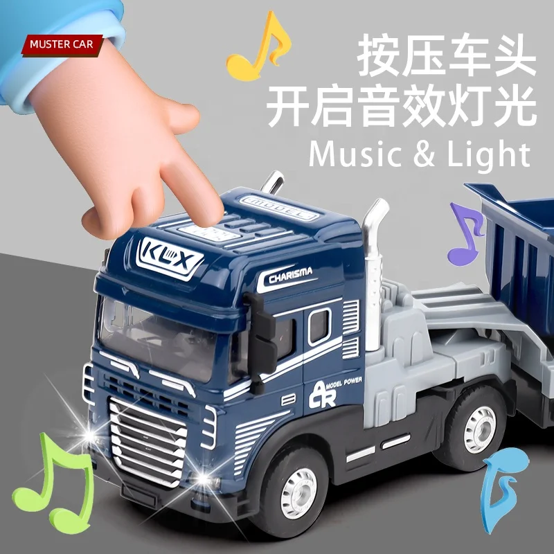 QS Custom Kids Light Music 4WD Metal Inertial Trailer Transport Vehicles 1:24 Alloy Dump Truck Set Friction Toys Diecast Cars