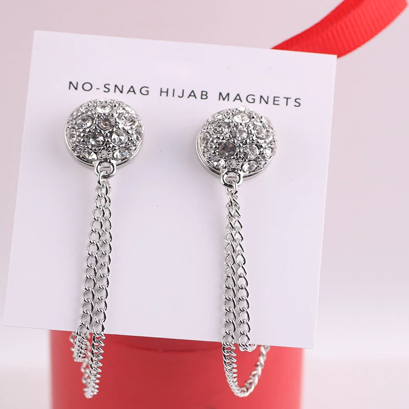 2Pcs/Pack New Arrivals Muslim Ladies Chain Magnetic Hijab Pins Rhinestone Diamond Brooches Women Scarf Hijab Magnet Pin