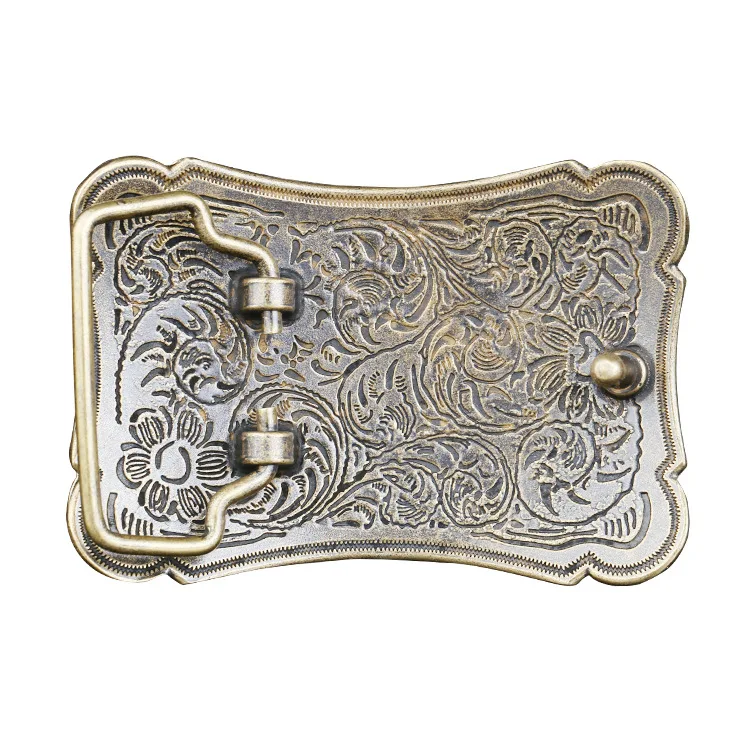 Factory inner width 40mm solid brass customize 3D engrave flower design western name plate belt buckle