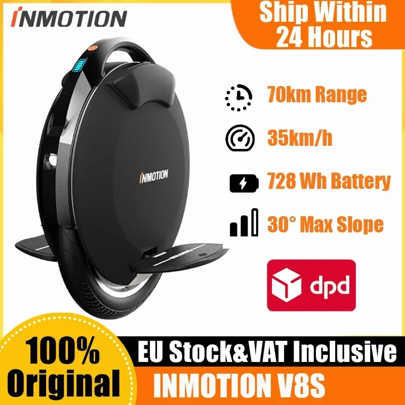 EU Stock INMOTION V8S Unicycle EUC E-wheel 72V 728Wh Battery 1000W Motor 35km/h Top Speed 70km Range Smart Self Balance wheel