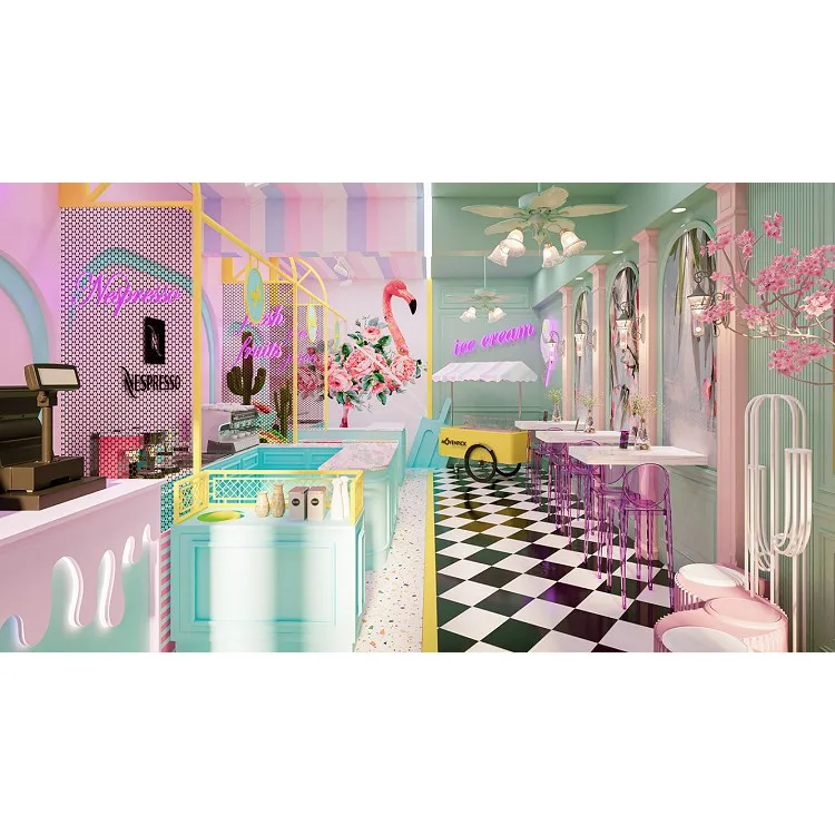 Blue Nice Ice Cream Store Design Ice Cream Display Showcase Ice Cream Cart Kiosk Customized Indoor Yogurt Snack Shop