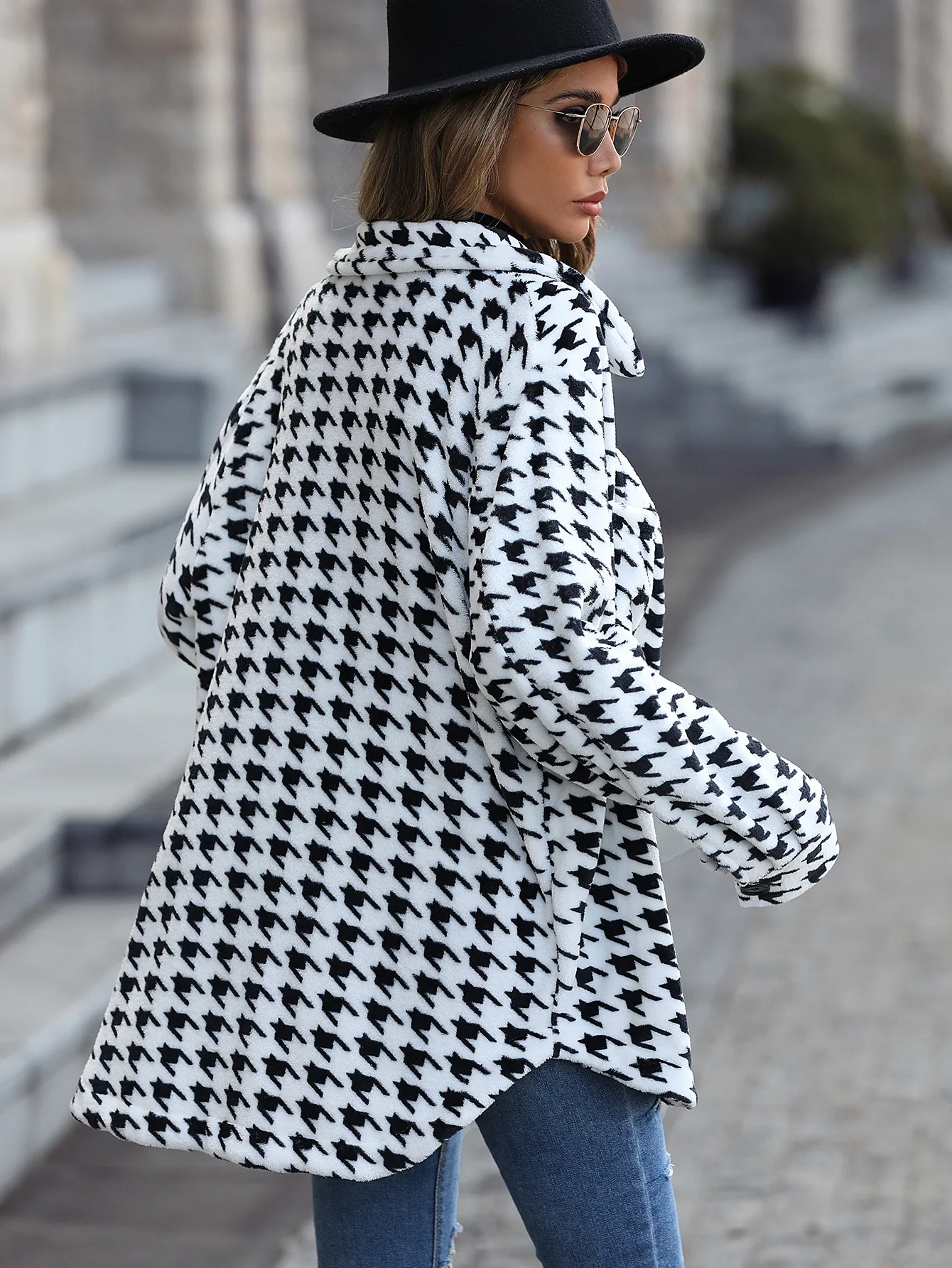 Women Casual Long Sleeve Houndstooth Printing Turndown Collar Coat Ladies Print Lapel Autumn Winter Blazer