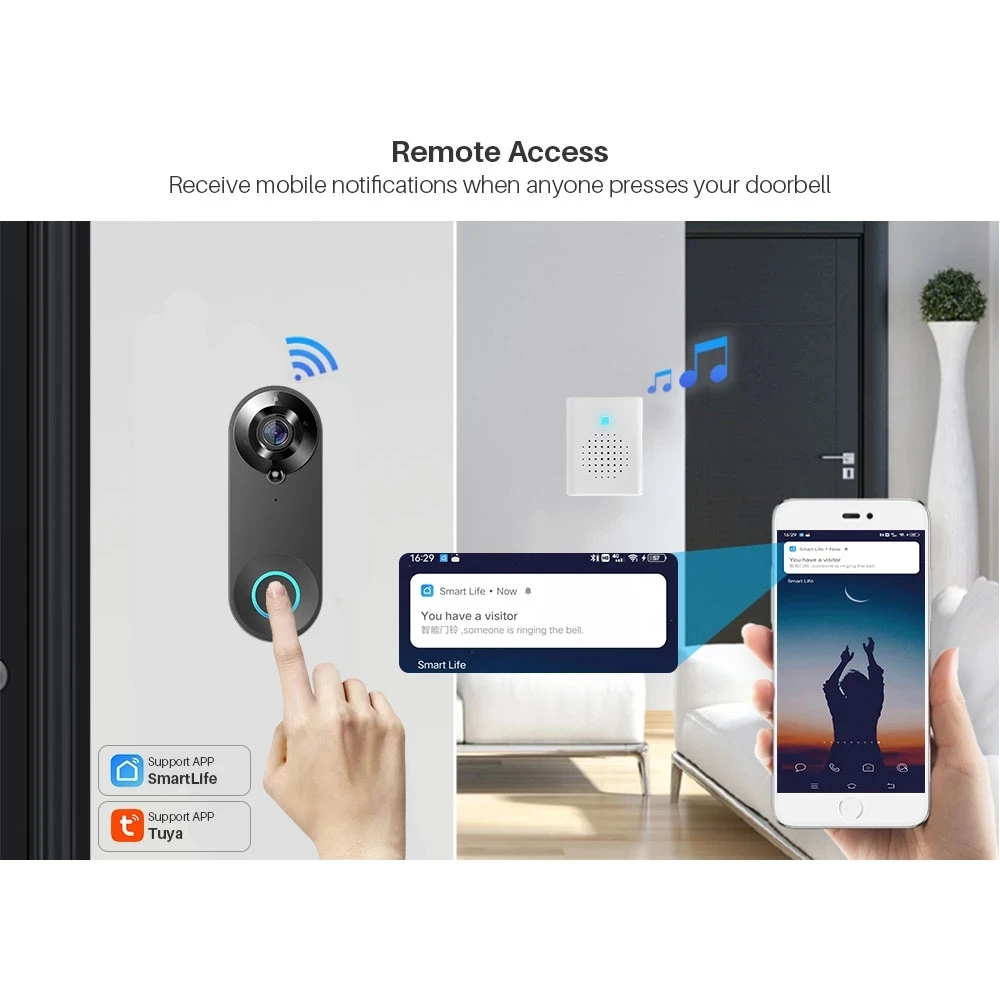Дверной смарт-звонок Tuya Wi-Fi 1080P FHD ИК ночное