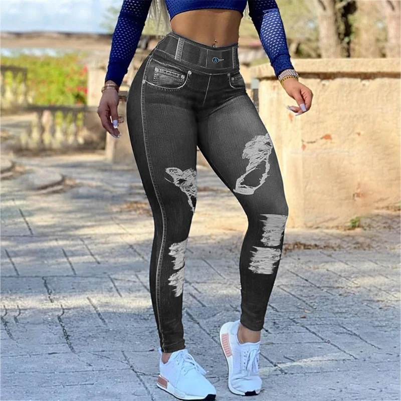Factory Hot Sale Jeans Print Women High Waist Yoga Pants Running Sport Workout Leggings