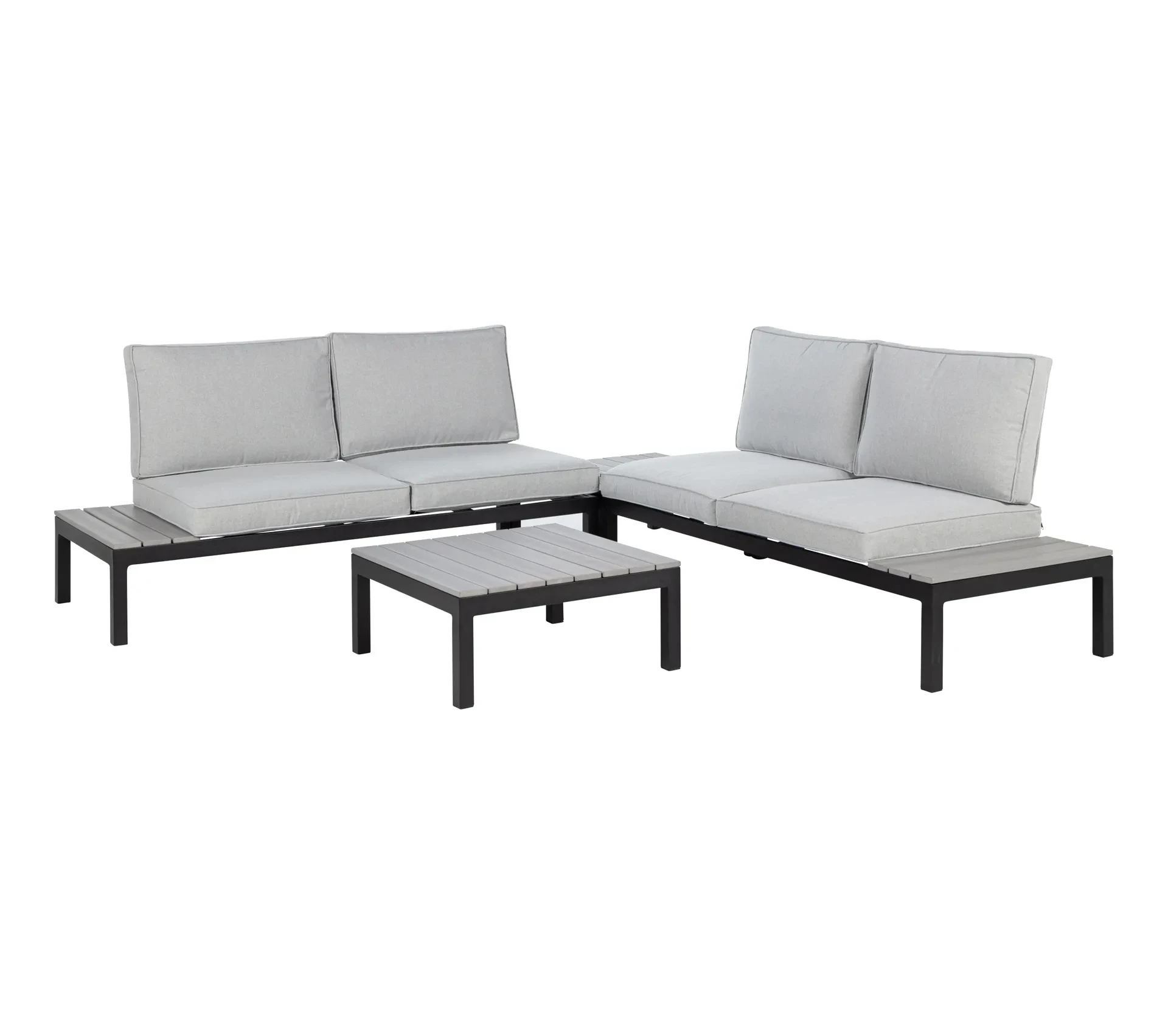 Outdoor Sectional Conversation Sofa Set Aluminum Frame with Cushion Woodgrain Built-in Side Coffee Table 4pcs Modern Furniture