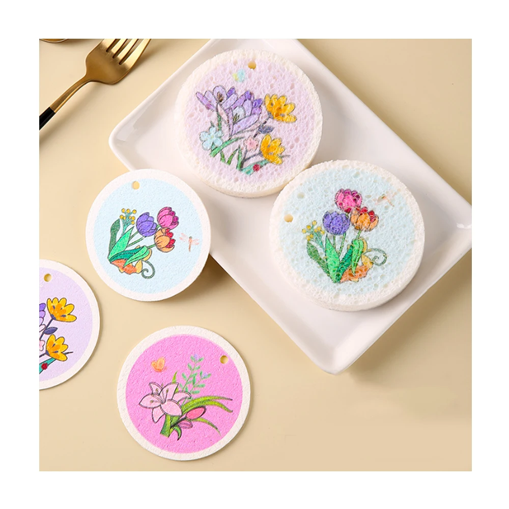 Compressed Reusable Washable Floristic Design Cellulose Dishwashing Sponge Magic Dishes Cleaning Kitchen Sponge