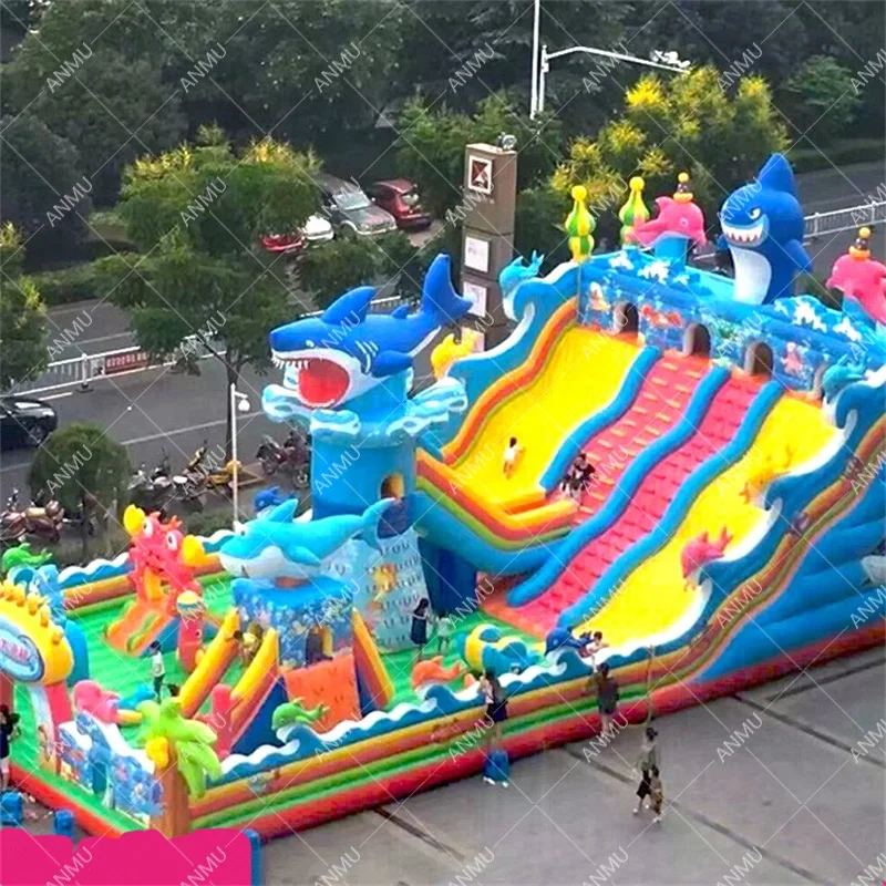 Factory wholesale 0.55mm plato PVC shark theme Inflatable castle slide Inflatable bouncer slide for kids