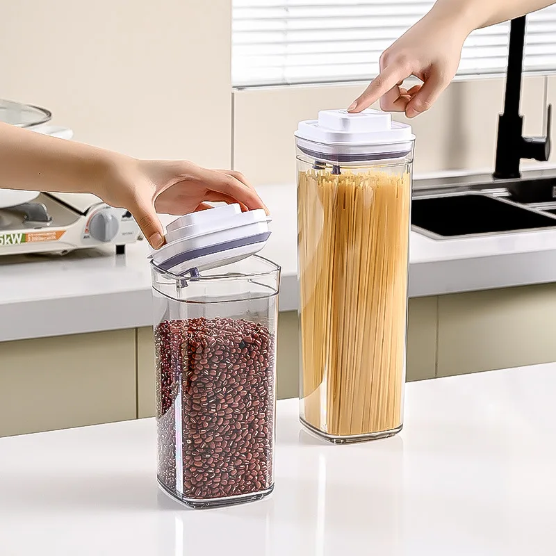 Transparent Push Button Lid Square Sealed Food  Pop Up Storage Kitchen Containers With Airtight Lids