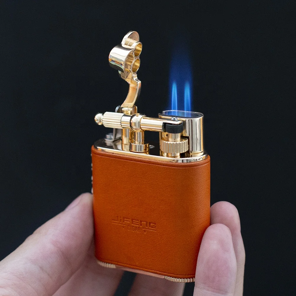 JIFENG JF-086 коричневая лампа из коровьей кожи кремневая газовая зажигалка с выгравированным логотипом двойной факел металлическая сигарная дыропом для сигар