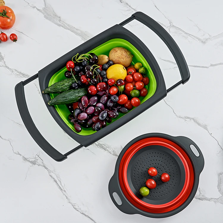 Amazon Лидер продаж Пластиковая Складная корзина с ручкой дуршлаг набор пластиковый силиконовый складной