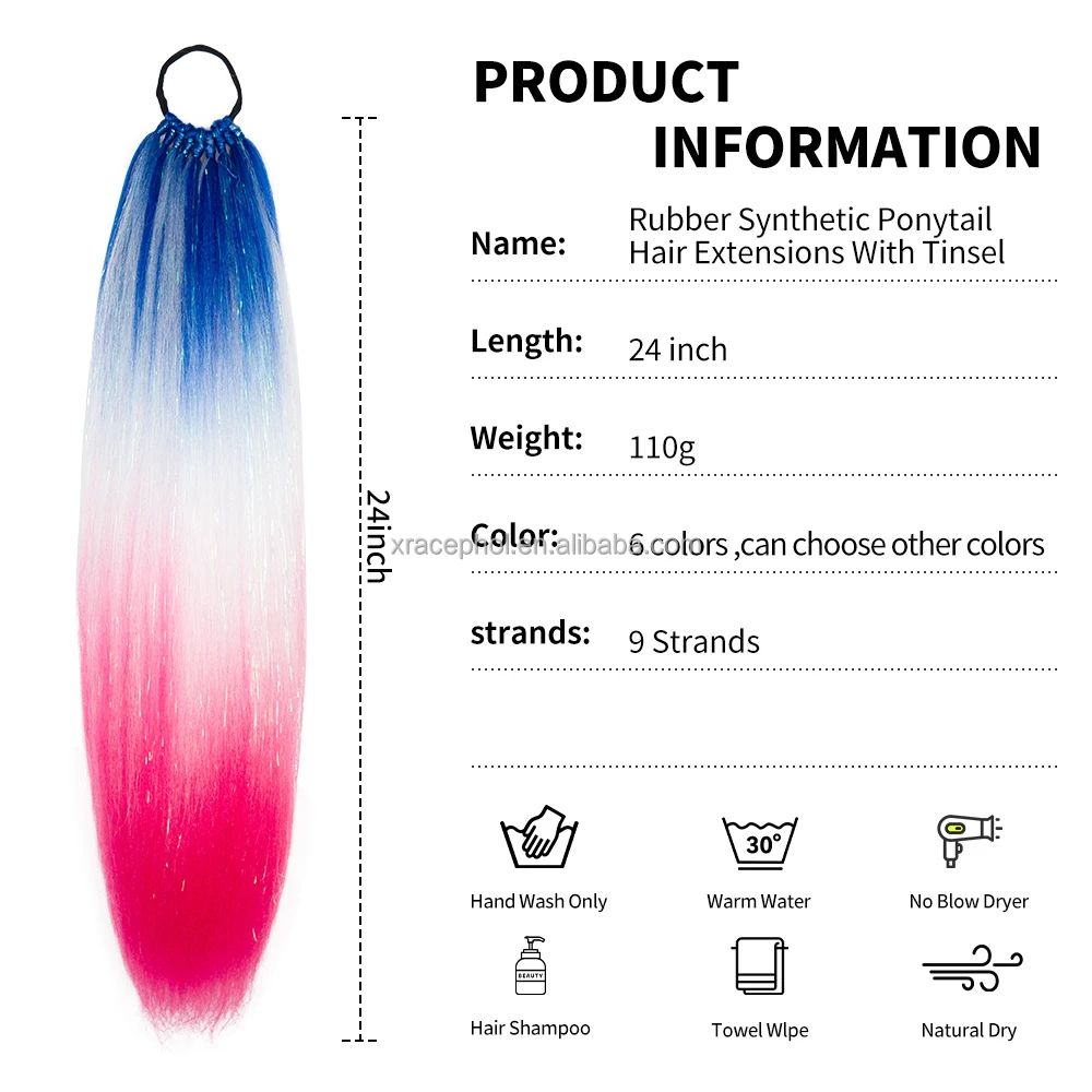 Multi Color Ombre Braiding Hair Extension Glitter Hair Tinsel Ponytail With Elastic Rubber Band Synthetic