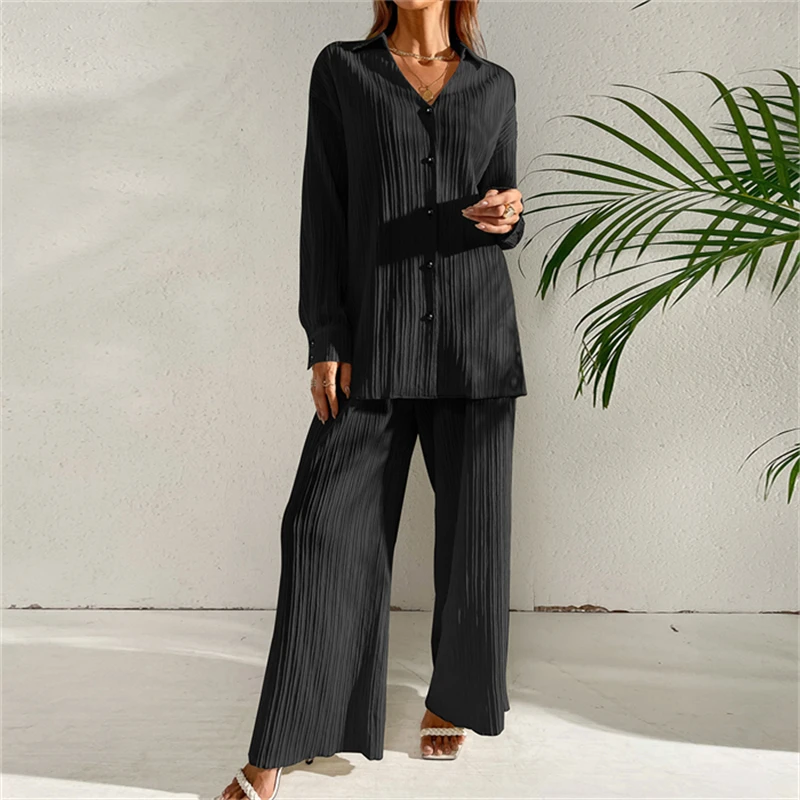 2023 S-XL  dois ternos costume de femme  pleated long sleeve  shirt trousers two-piece suit