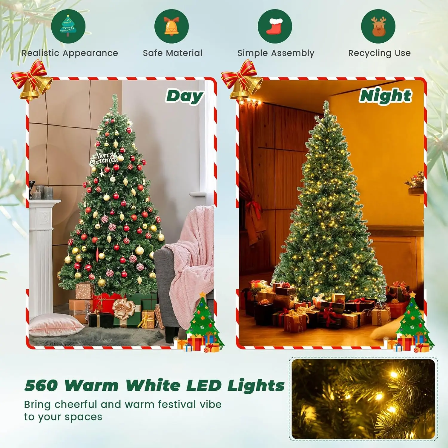 6FT Pre-lit Christmas Tree, Premium Hinged Spruce Tree, with 560 LED Light and Metal Stand, Xmas Tree for Holiday Indoor Decor