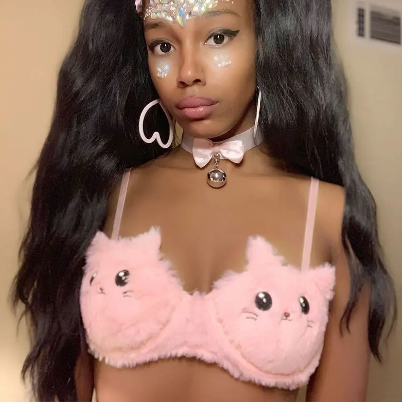 ZJ0908 Kawaii Cat Women Bra Pink Fur Bralette Bralet Bra Bustier Underwear Erotic Lingerie Crop Tops Cami Tank Top