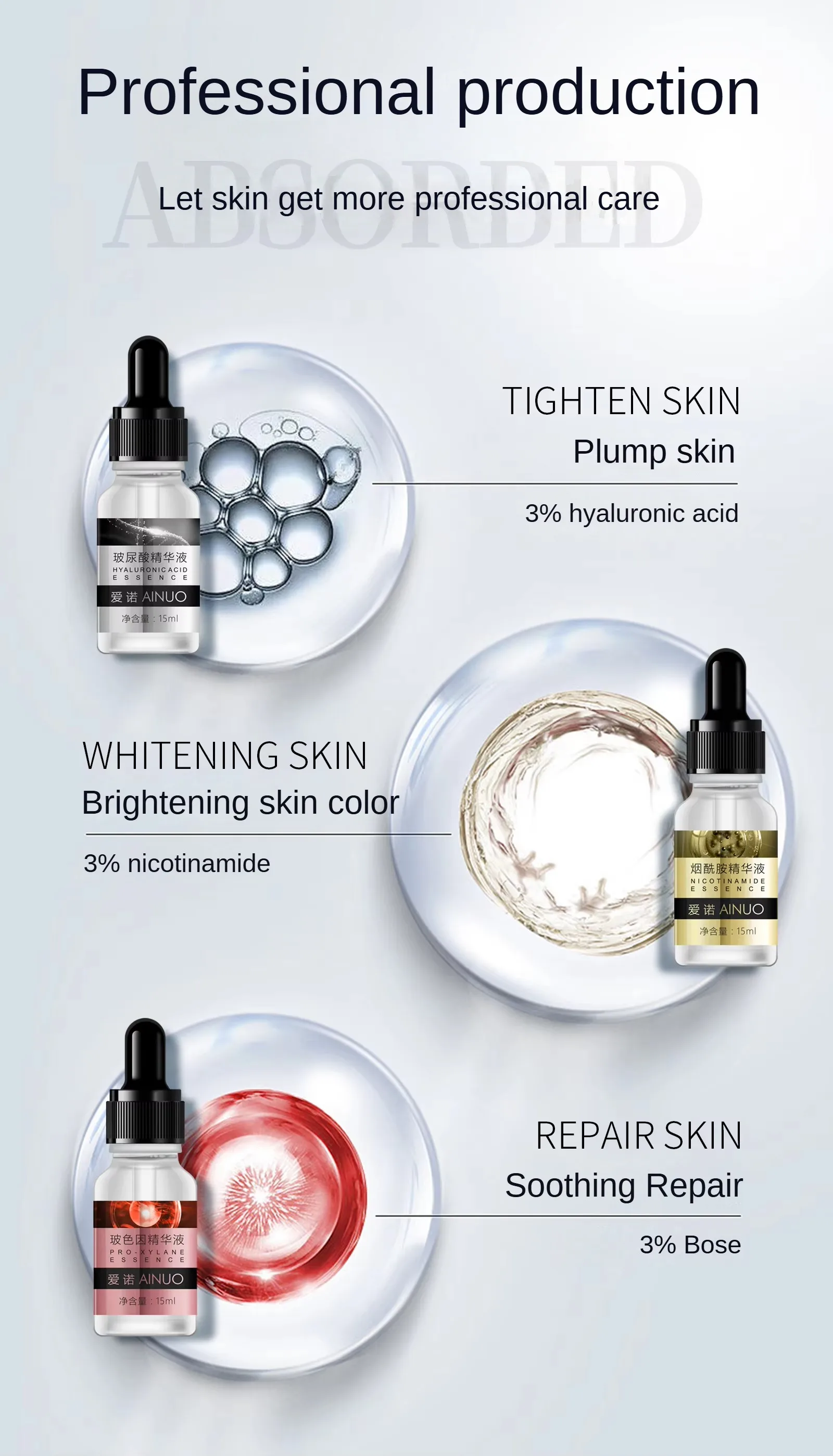 Private Brand AINUO Organic Hyaluronic Acid Essence Lotion Face Hydrating Moisturizing Anti-Aging Whitening Anti-Wrinkle Skin