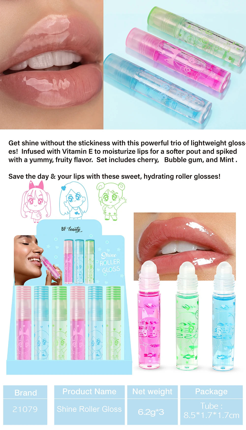 Cosmetics OEM Privet Label Color Changing Natural Crystal Lip Gloss Roller Bling Sheer Princess Fruit Roller Ball Lip Gloss