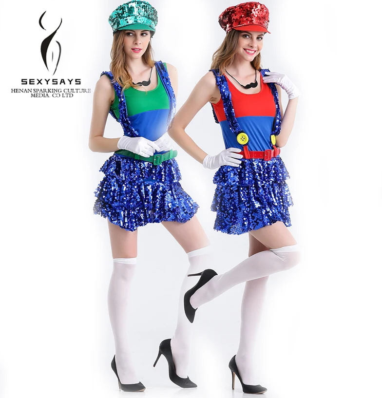 Горячая Распродажа Аниме Стиль Хэллоуин Мультфильм Милая супер Мэри сексуальный маскарадный костюм для вечеринки блестящий взрослых женщин