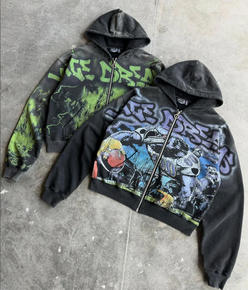 Custom Top Quality All Over Printed Graffiti Hoodie Zip up Vintage Wash Distressed Sweatshirt for Man