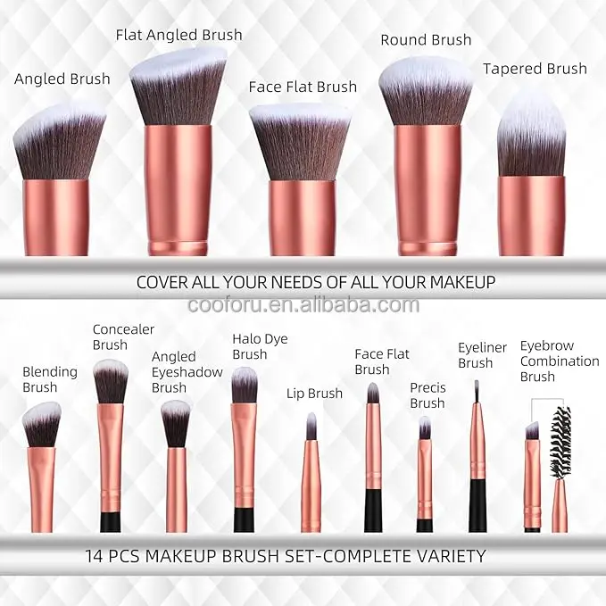14 Pcs Rose Golden Luxury Best Quality Professional Mini Eye Mall Cosmetic Makeup Brush Set Travel Portable With Case Doble Side